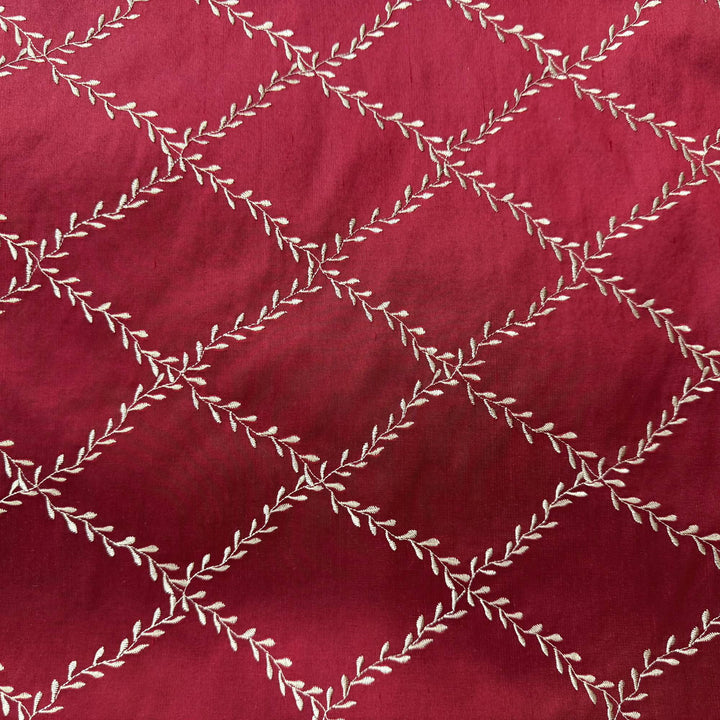 Halessa Diamond Embroidered Floral Silk Fabric in Cranberry