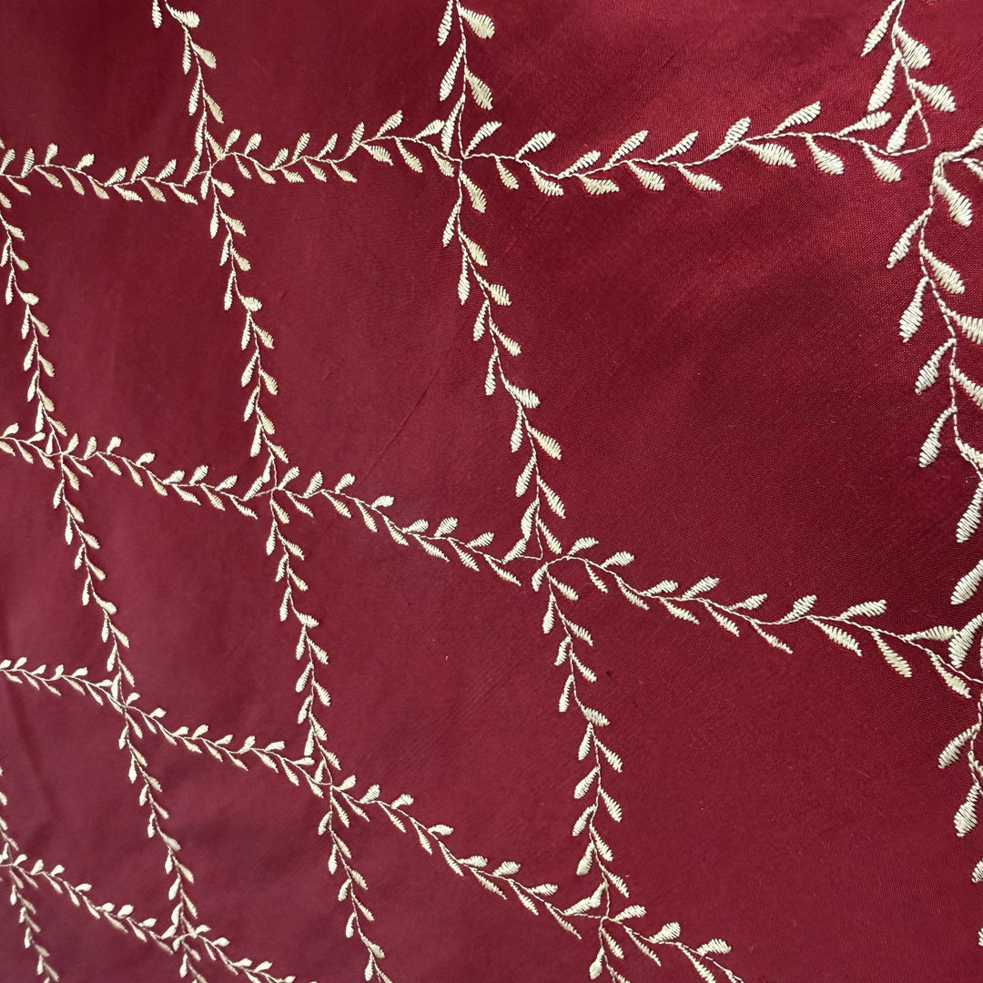 Halessa Diamond Embroidered Floral Silk Fabric in Cranberry