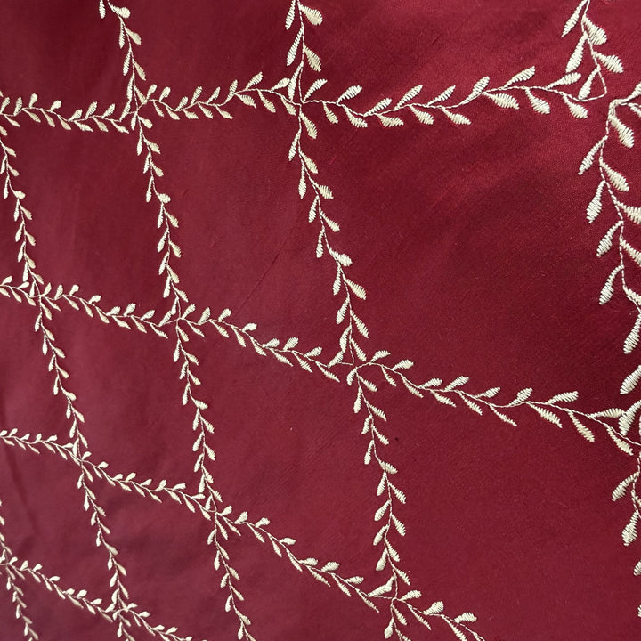 Halessa Diamond Embroidered Floral Silk Fabric in Cranberry