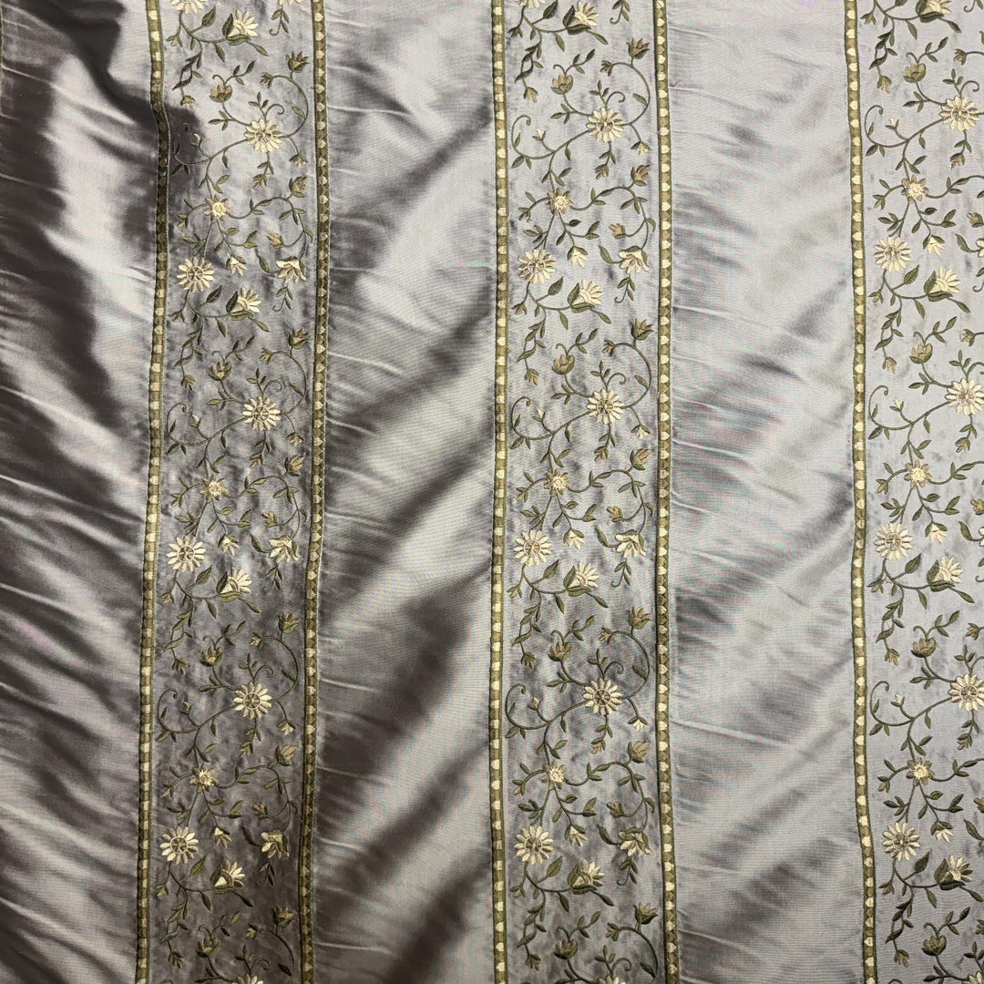 Olvessa Striped Floral Embroidered Silk Fabric in Bamboo