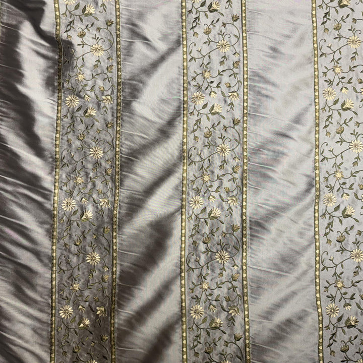 Olvessa Striped Floral Embroidered Silk Fabric in Bamboo