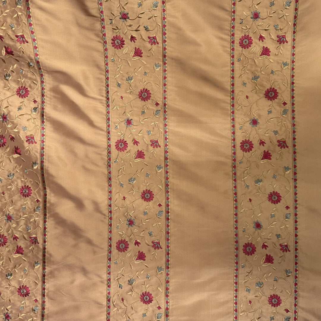 Olvessa Striped Floral Embroidered Silk Fabric in Salmon