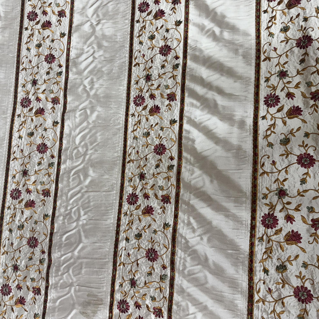 Olvessa Striped Floral Embroidered Silk Fabric in Sand