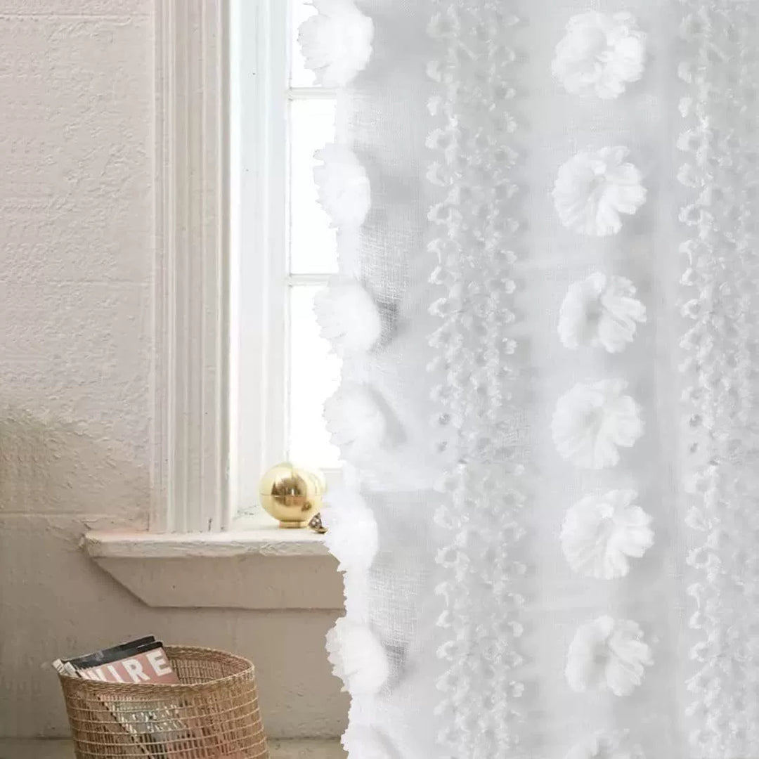 Whimsy Embroidered Sheer Curtain Pompom Rod Pocket Drapery