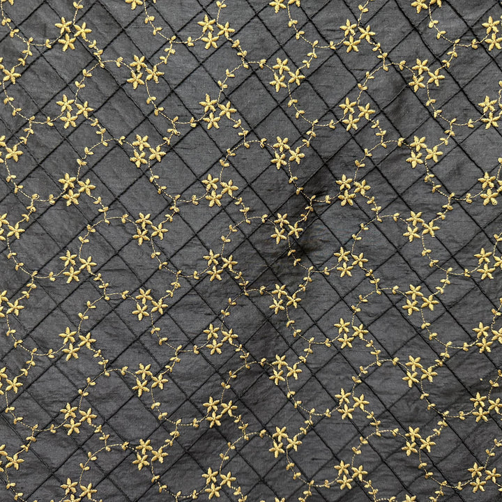 Bellavine Small Diamond Floral Embroidered Silk Fabric in Black