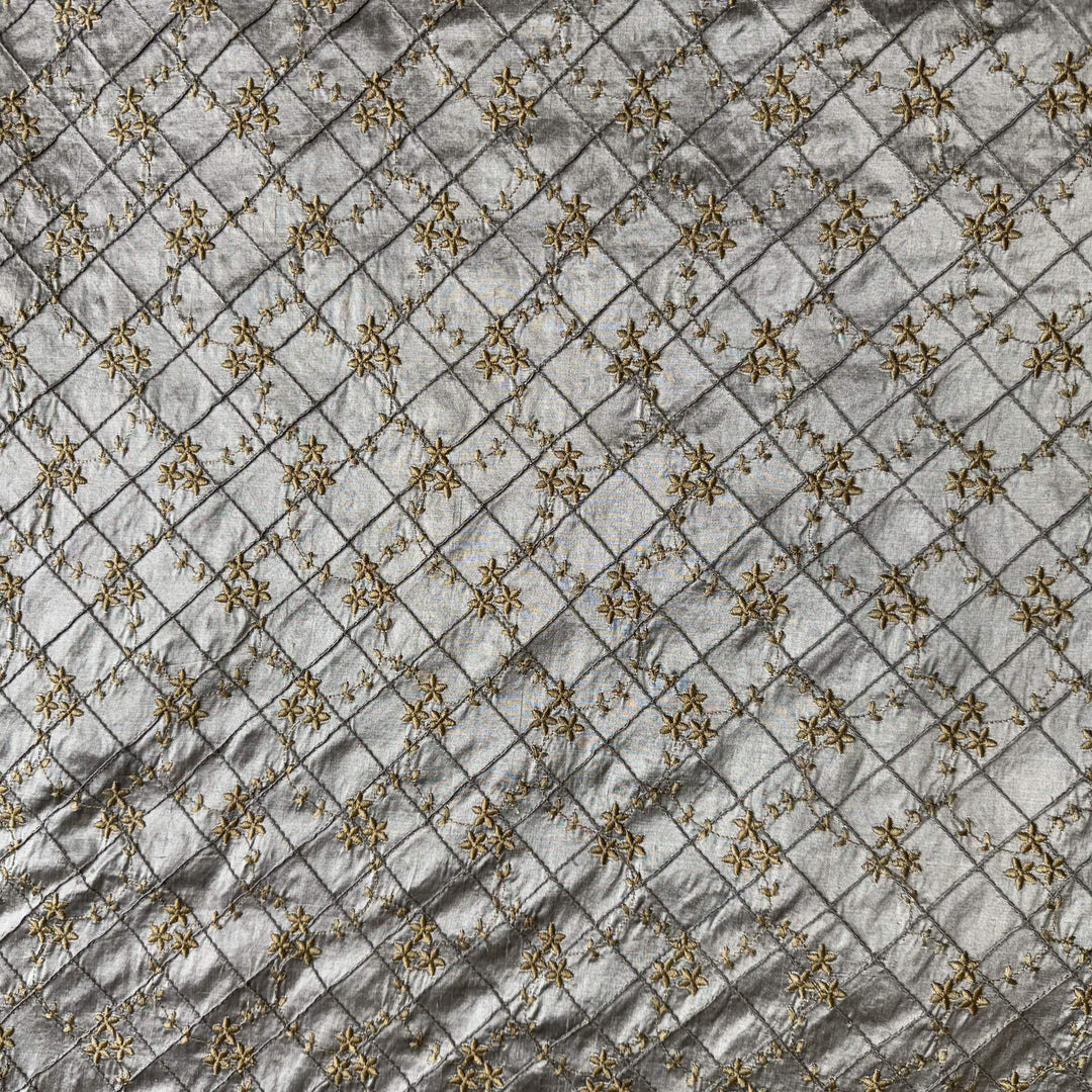 Bellavine Small Diamond Floral Embroidered Silk Fabric in Putty