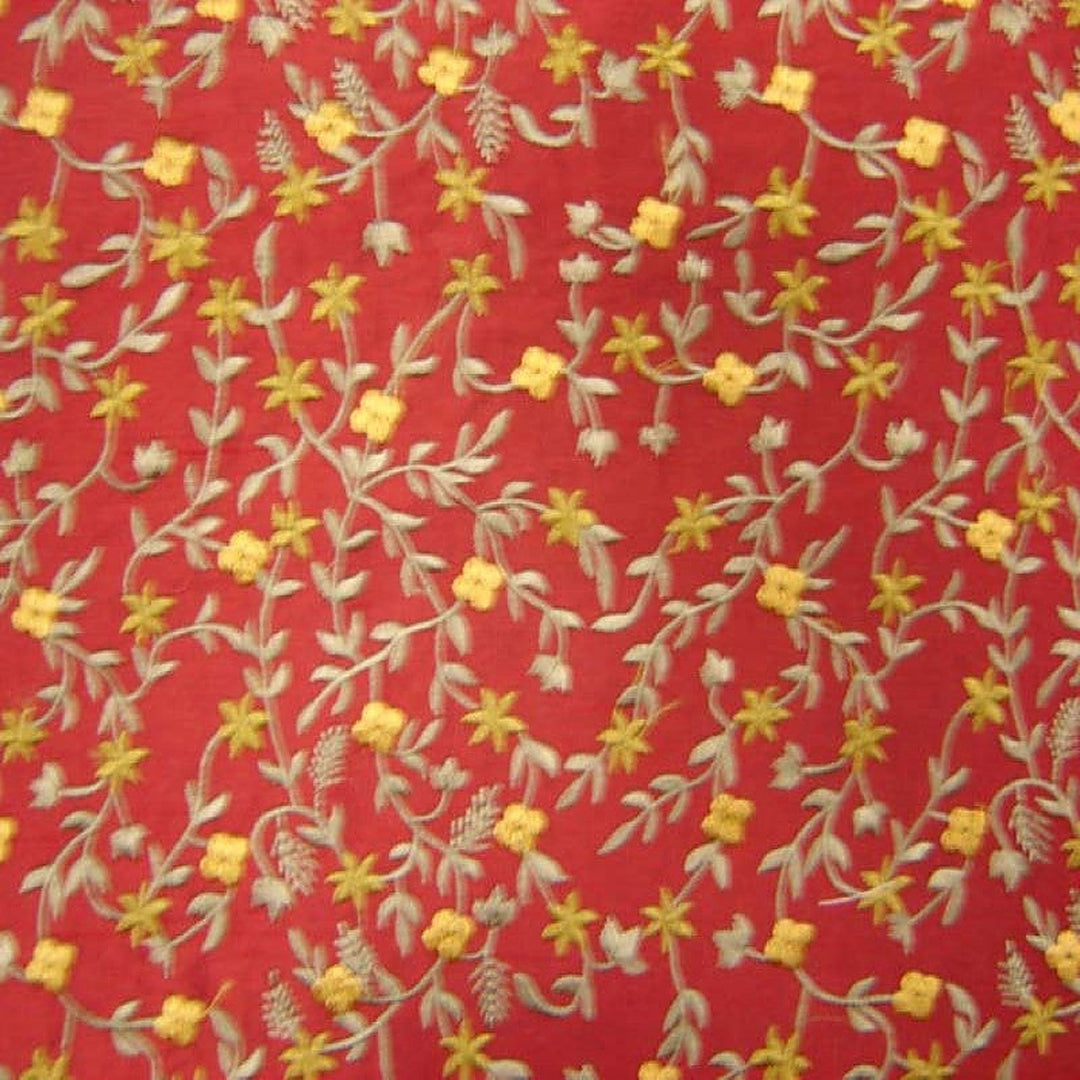 Kelvanne Floral Embroidered Silk Fabric in Scarlet
