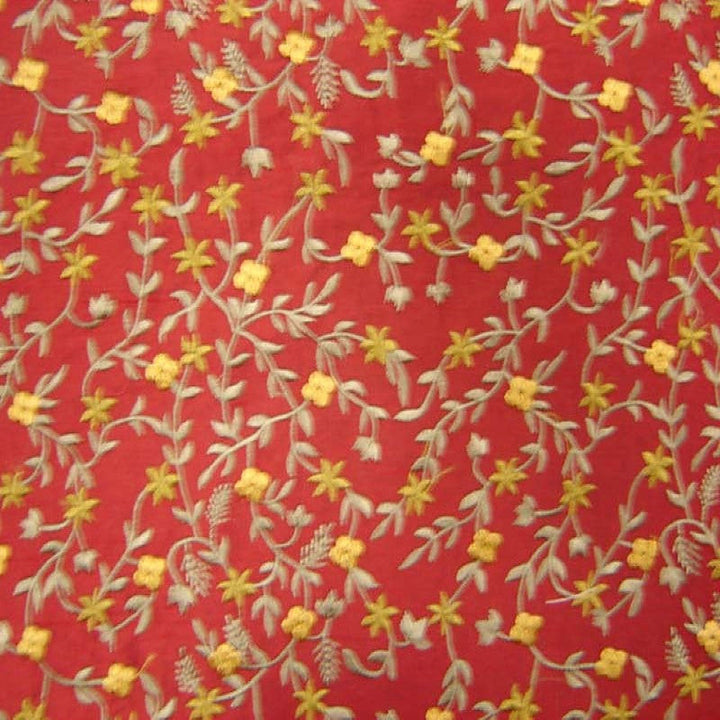 Kelvanne Floral Embroidered Silk Fabric in Scarlet