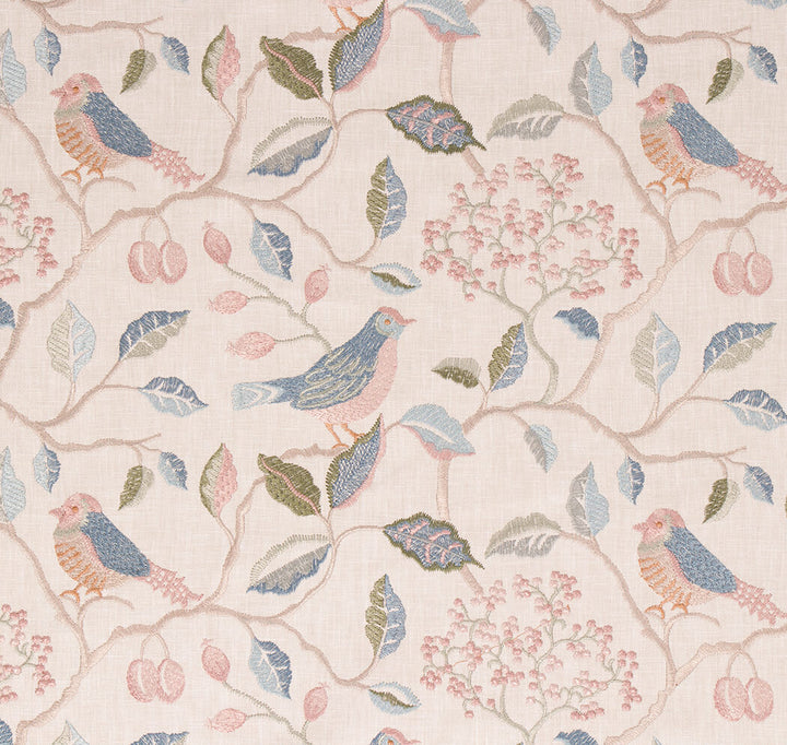 Wrenfield embroidered bird floral cotton blend fabric in Camel