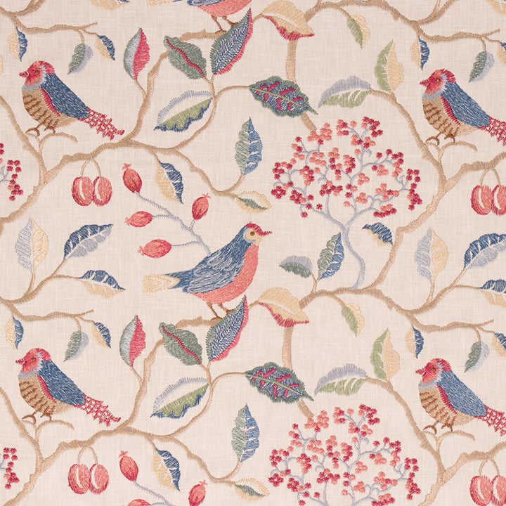 Wrenfield embroidered bird floral cotton blend fabric in Harvest