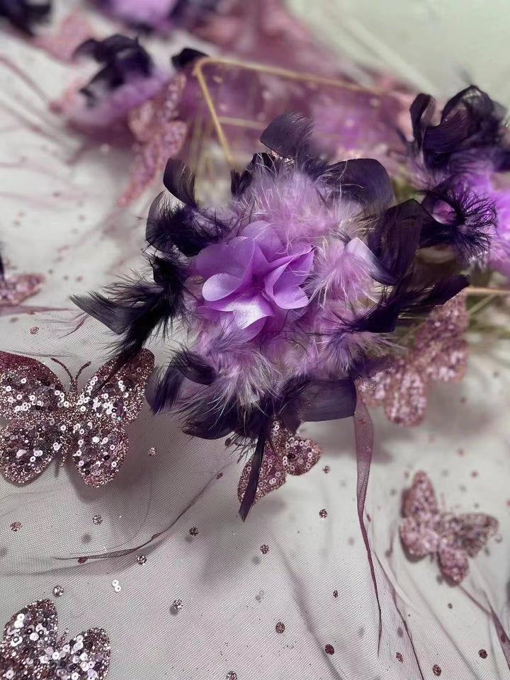 5 YARDS / 6 COLORS / Audrey Flower Fur Glitter Sequin Beaded Embroidery Tulle Mesh Lace Party Prom Bridal Dress Fabric