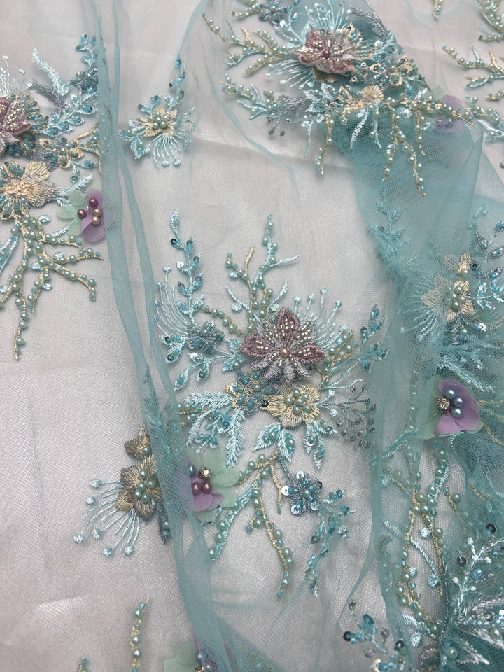 Tessuto per abiti in pizzo a rete in tulle con ricami in rilievo e paillettes floreali da 5 YARDS