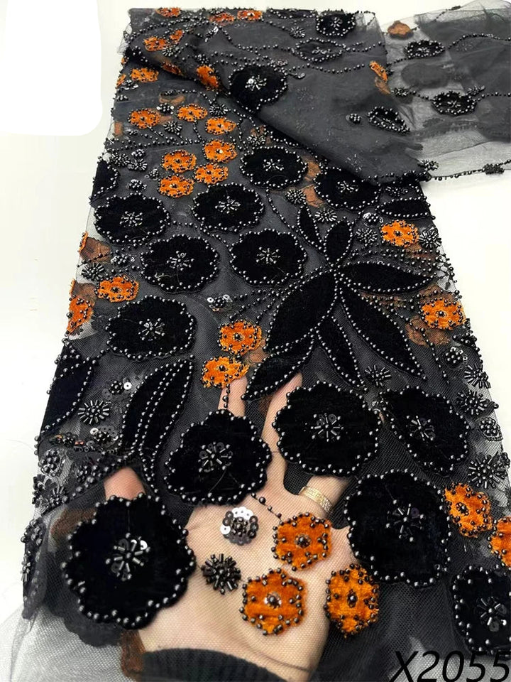 5 YARDS / 9 COLORS / Aurelia Black Floral Beaded Embroidery Bridal Mesh Lace Fabric
