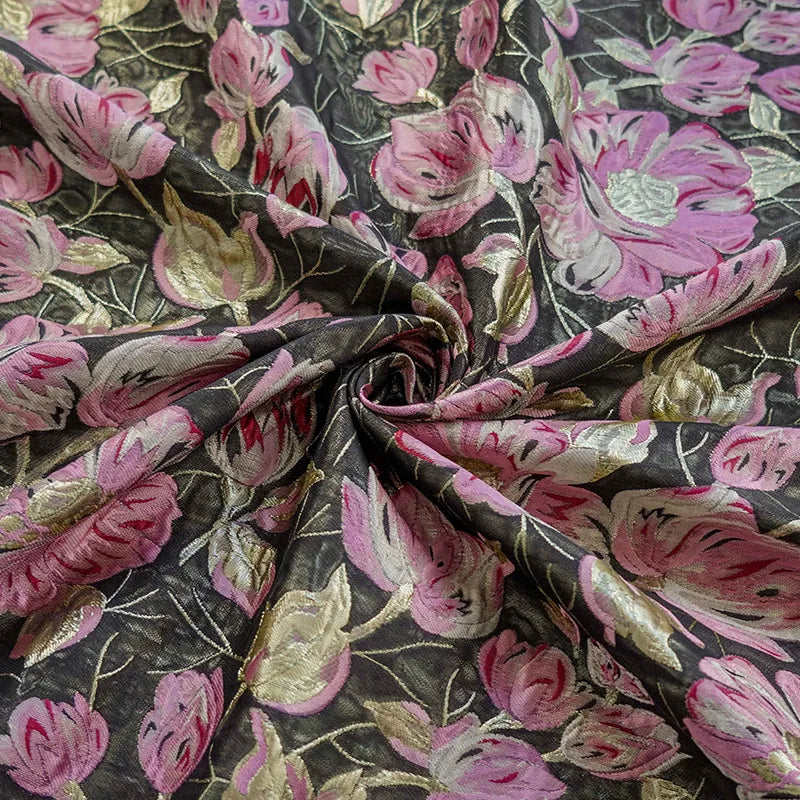 Retro Gold Silk Flower Yarn Dyed Jacquard Fabric