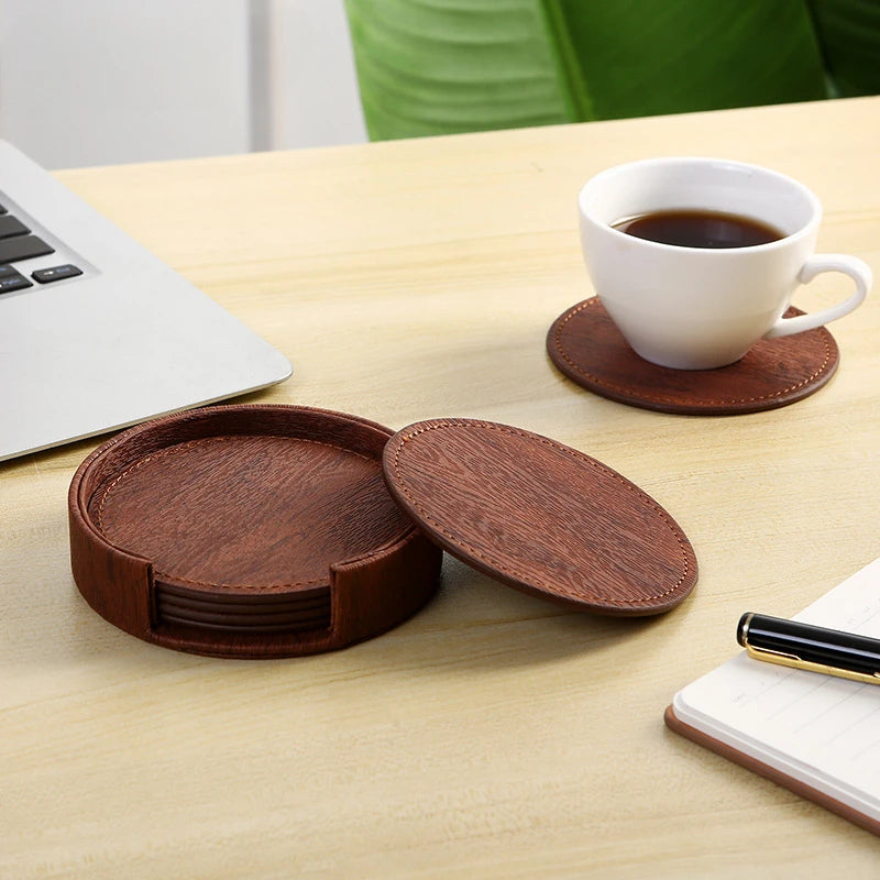 6 Wood Grain Leather Coaster Set