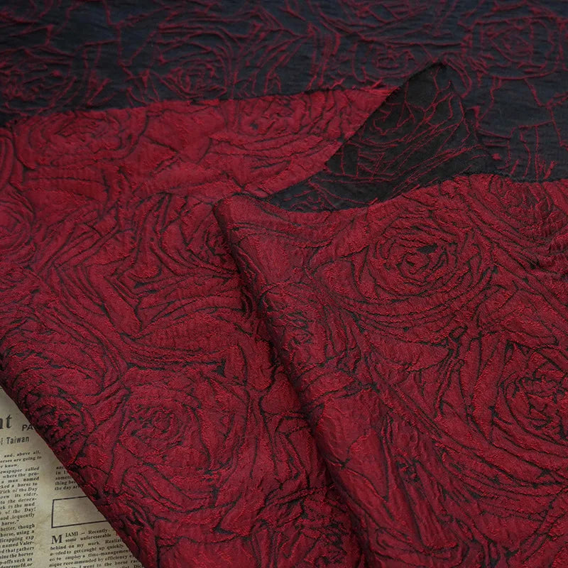 Purmel Retro Red Rose Large Flower Jacquard Brocade Fabric