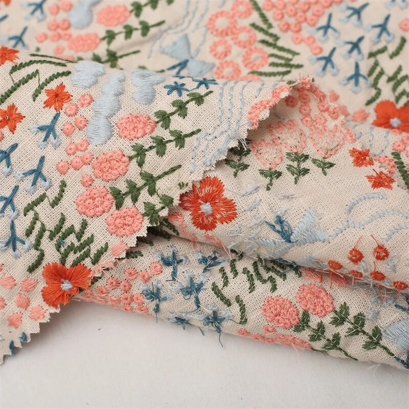 Emeliani Cotton Linen Multicolor Floral Embroidery Fabric