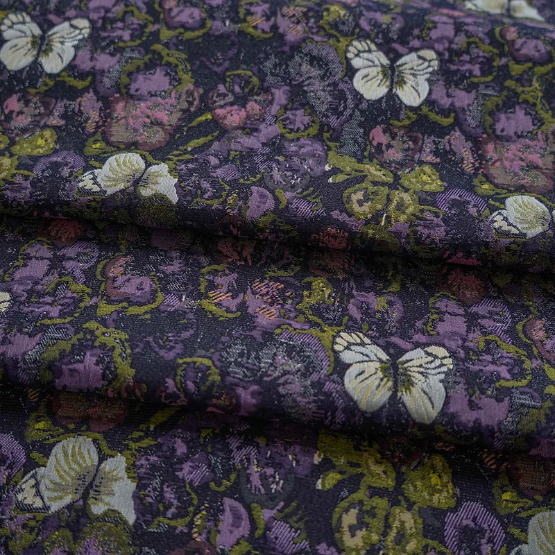 Mertens Textured Black Purple Butterfly Thick Yarn Dyed Jacquard Fabric