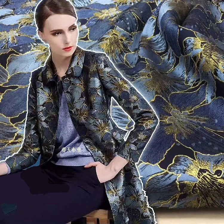 Fraser Gold Blue Large Flower Jacquard Yarn Dyed Fabric