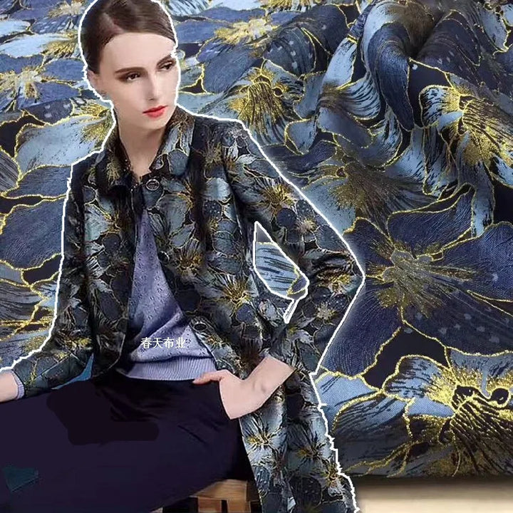 Fraser Gold Blue Large Flower Jacquard Yarn Dyed Fabric