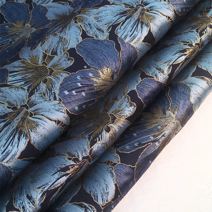 Fraser Gold Blue Large Flower Jacquard Yarn Dyed Fabric