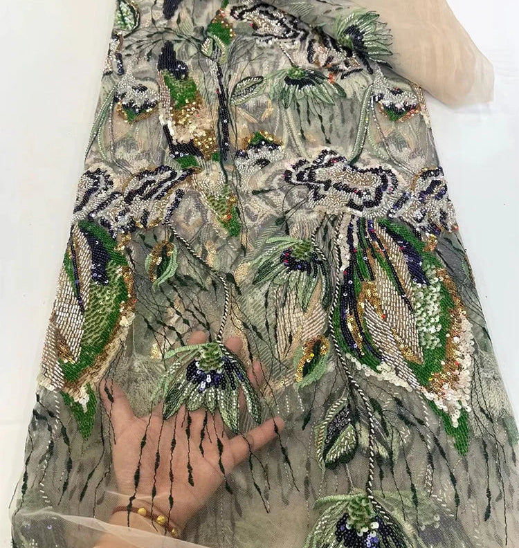 5 YARDS / 8 COLORS / Sylvara Beaded Embroidery Bridal Mesh Lace Fabric