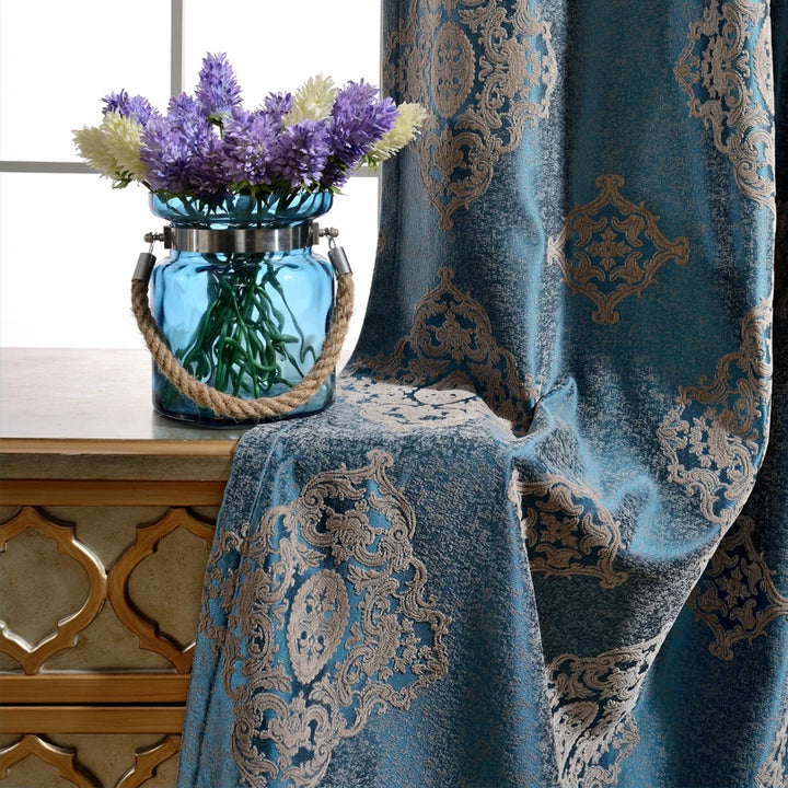 Blue Textured Jacquard Custom-Made Drapery