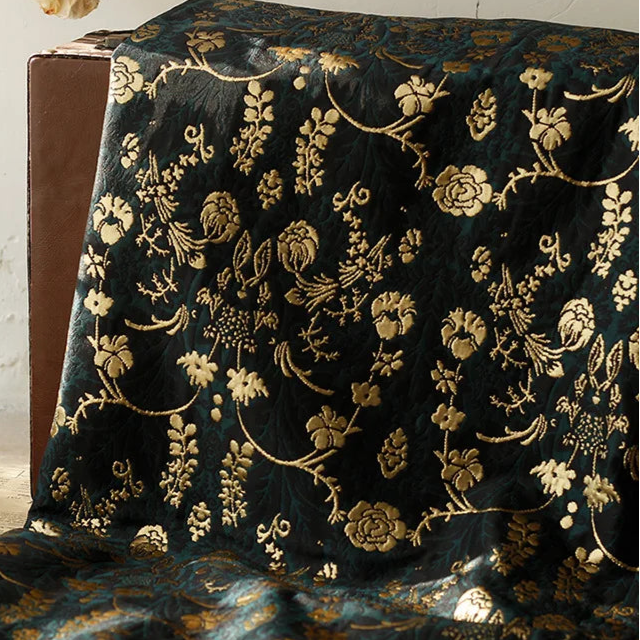 Ancora Dark Green Gold Black Embossed Jacquard Fabric