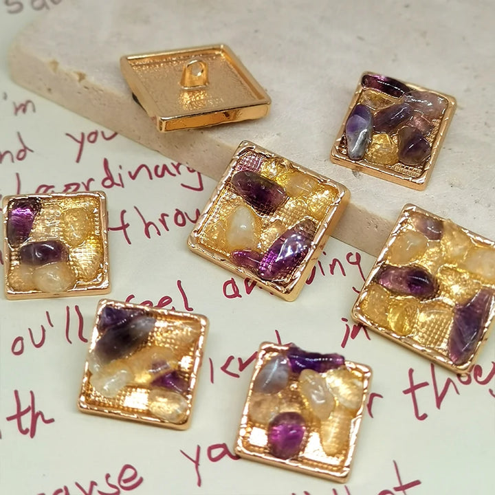 Saoma Natural Stone Square Metal Button - 6 PC