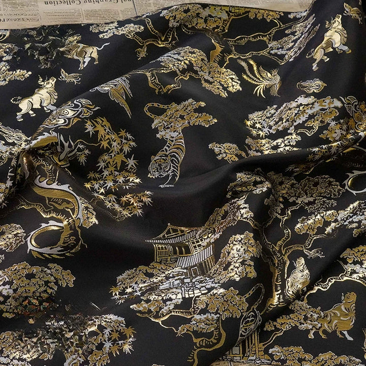 Caterine Gold Silk Dragon Tiger Pattern Jacquard Fabric