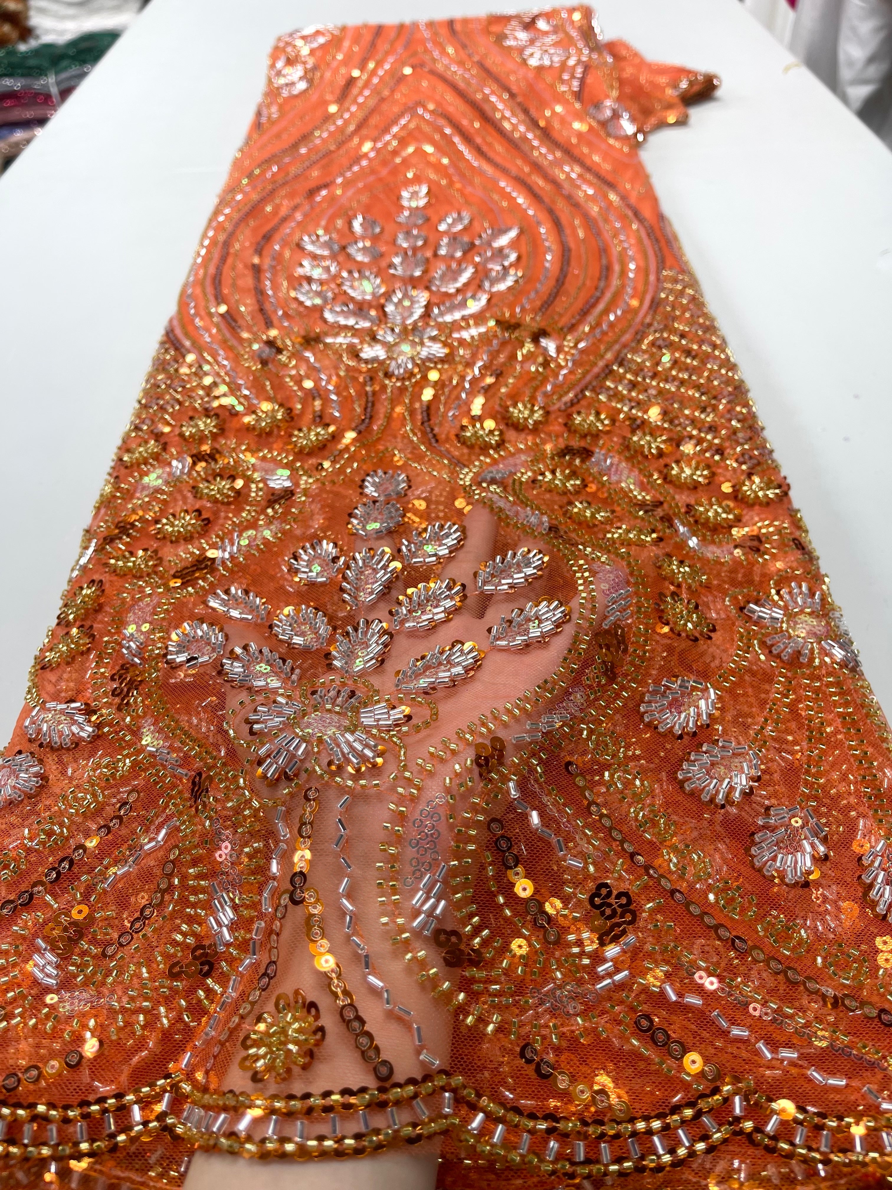 Iridescent Orange Flamingo Fringe Sequins Embroidered Prom shops Wedding Couture Fabric - Sold By The Yard