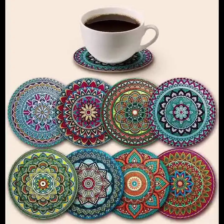 8pcs Wooden Mandala Coasters Set
