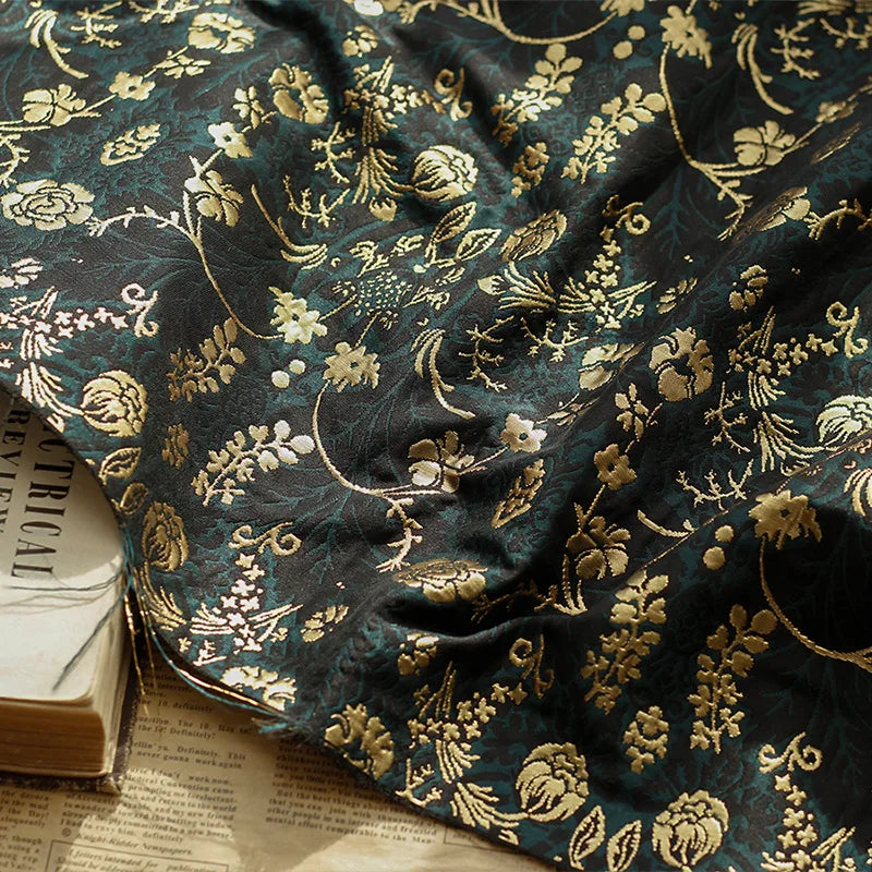 Ancora Dark Green Gold Black Embossed Jacquard Fabric