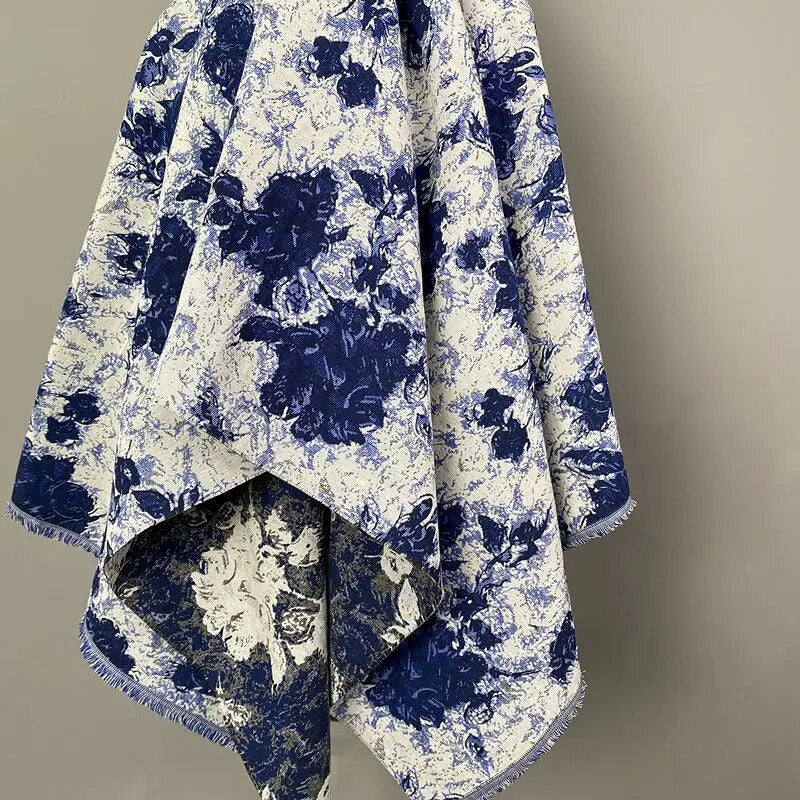 MALIBAU Blue Beige Floral Flower Printed Jacquard Chenille Fabric