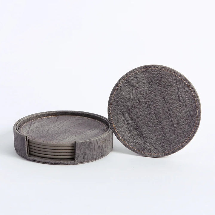 6 Wood Grain Leather Coaster Set
