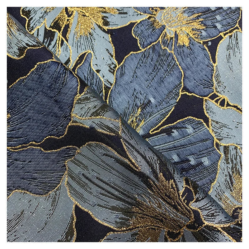 Fraser Gold Blue Large Flower Jacquard Yarn Dyed Fabric