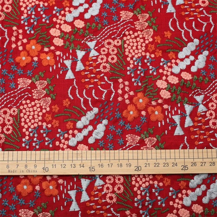 Emeliani Cotton Linen Multicolor Floral Embroidery Fabric