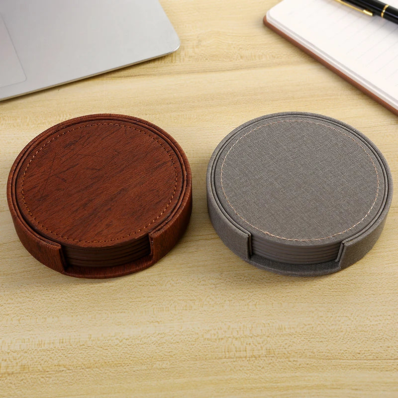 6 Wood Grain Leather Coaster Set
