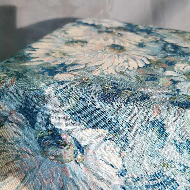 Tessuto in ciniglia jacquard stampato con fiori floreali grandi blu vintage Milsha