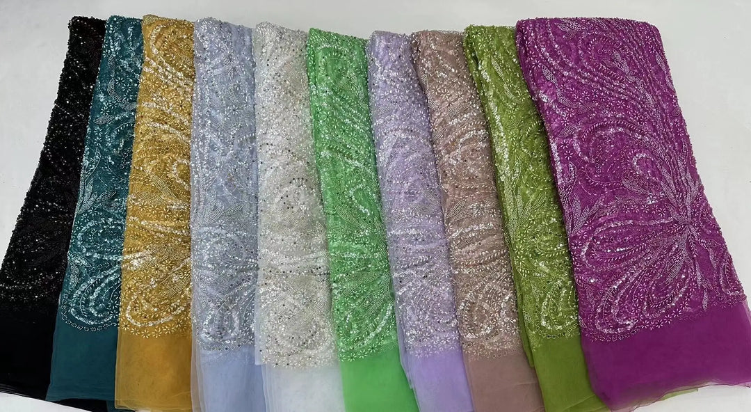 5 YARD / 10 COLORI / Tessuto per abiti in pizzo Jelamone con paillettes floreali ricamati in rilievo e tulle