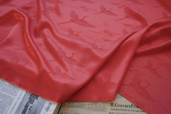 Sorisam Black Red Crane Soft Satin Fabric