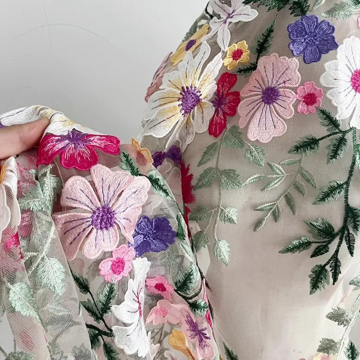 5 Yards / Nerisse Multicolor Flowers Tulle Lace Fabric