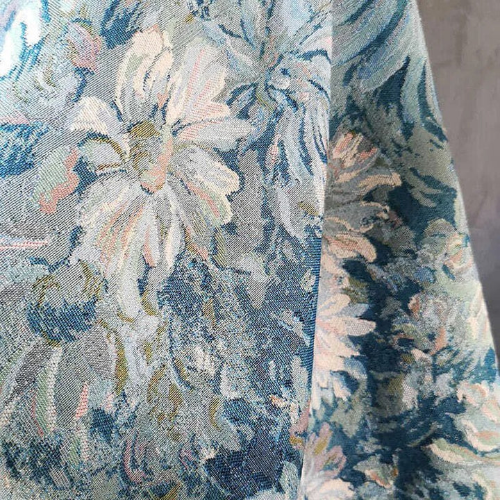 Milsha Vintage Blue Large Floral Flower Printed Jacquard Chenille Fabric