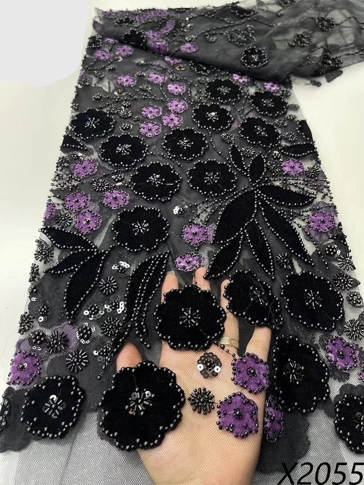 5 YARDS / 9 COLORS / Aurelia Black Floral Beaded Embroidery Bridal Mesh Lace Fabric