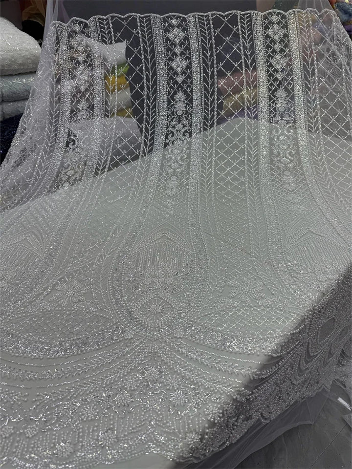 5 YARDS / 8 COLORS / Zeraphiel Beaded Embroidery Bridal Mesh Lace Fabric