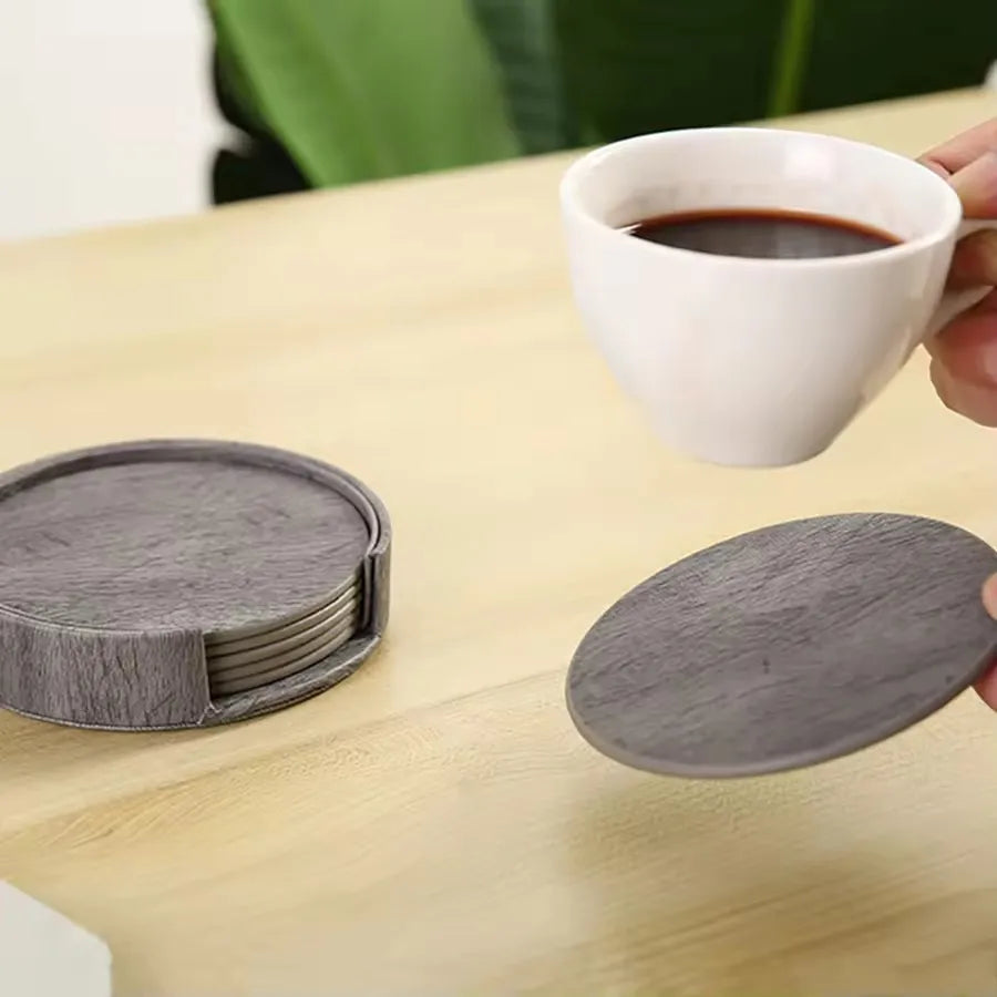 6 Wood Grain Leather Coaster Set