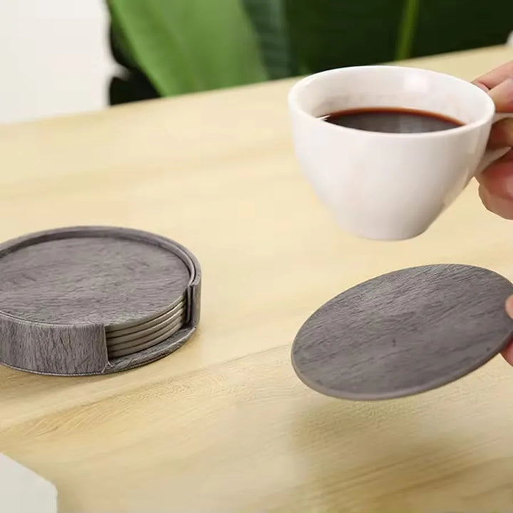 6 Wood Grain Leather Coaster Set