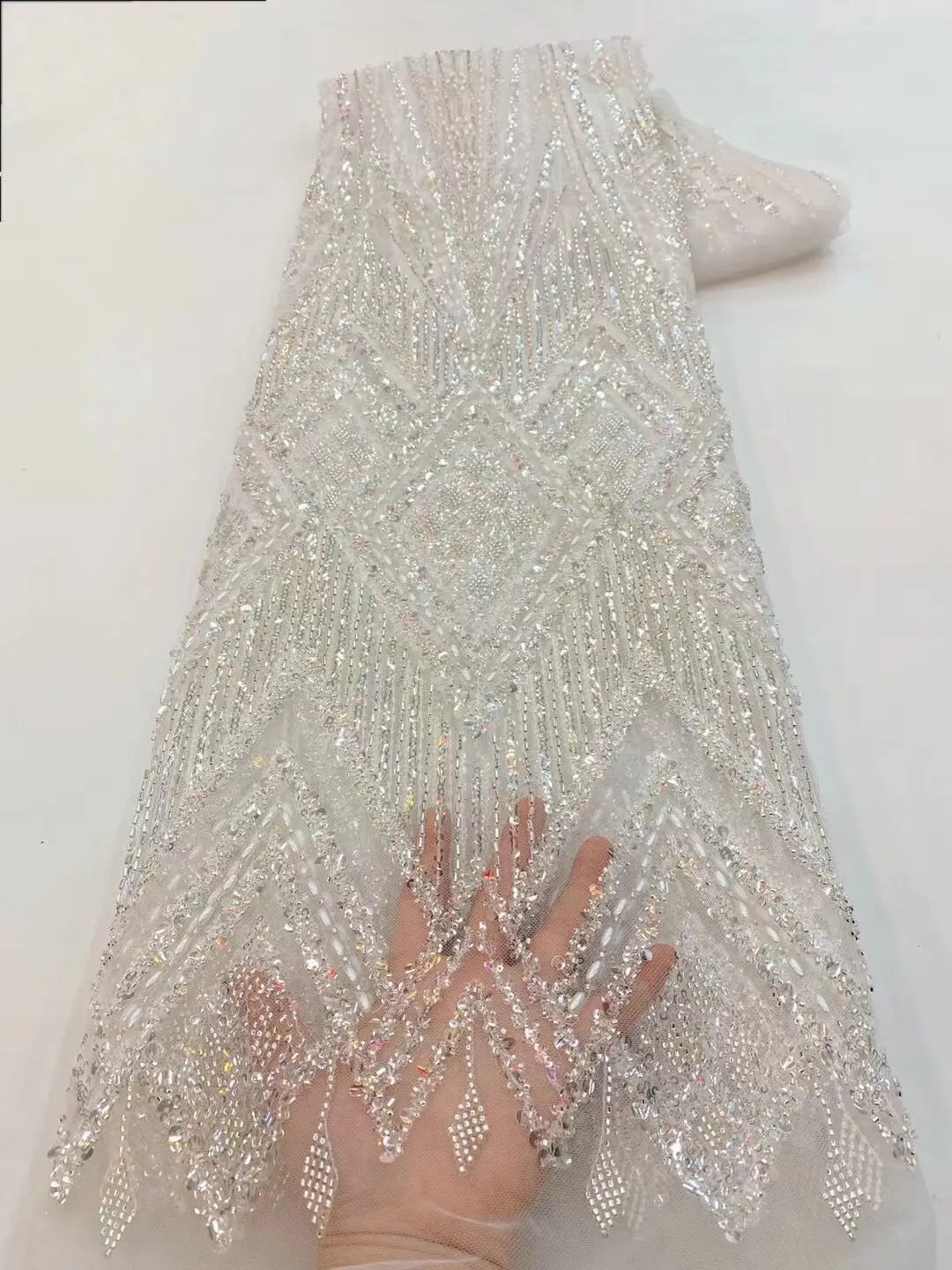 tulle dress material Luxury Pearl & Beaded Couture Fabric Lovely Puff Sleeve Evening Party DressMaterial White Pearl Tulle Fabric 5
