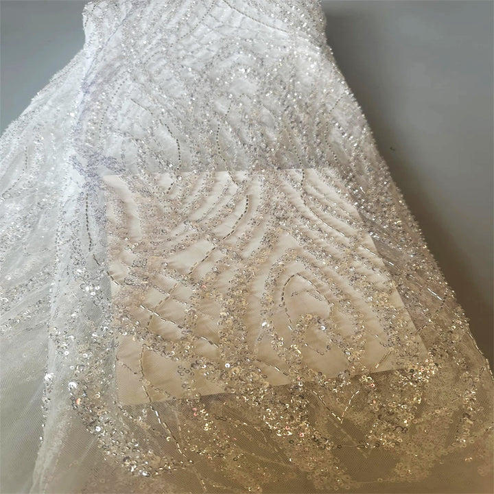 5 YARDS / Fatima Off-White Clear Regal Sequin Beaded Embroidery Tulle Mesh Lace Party Prom Bridal Dress Fabric