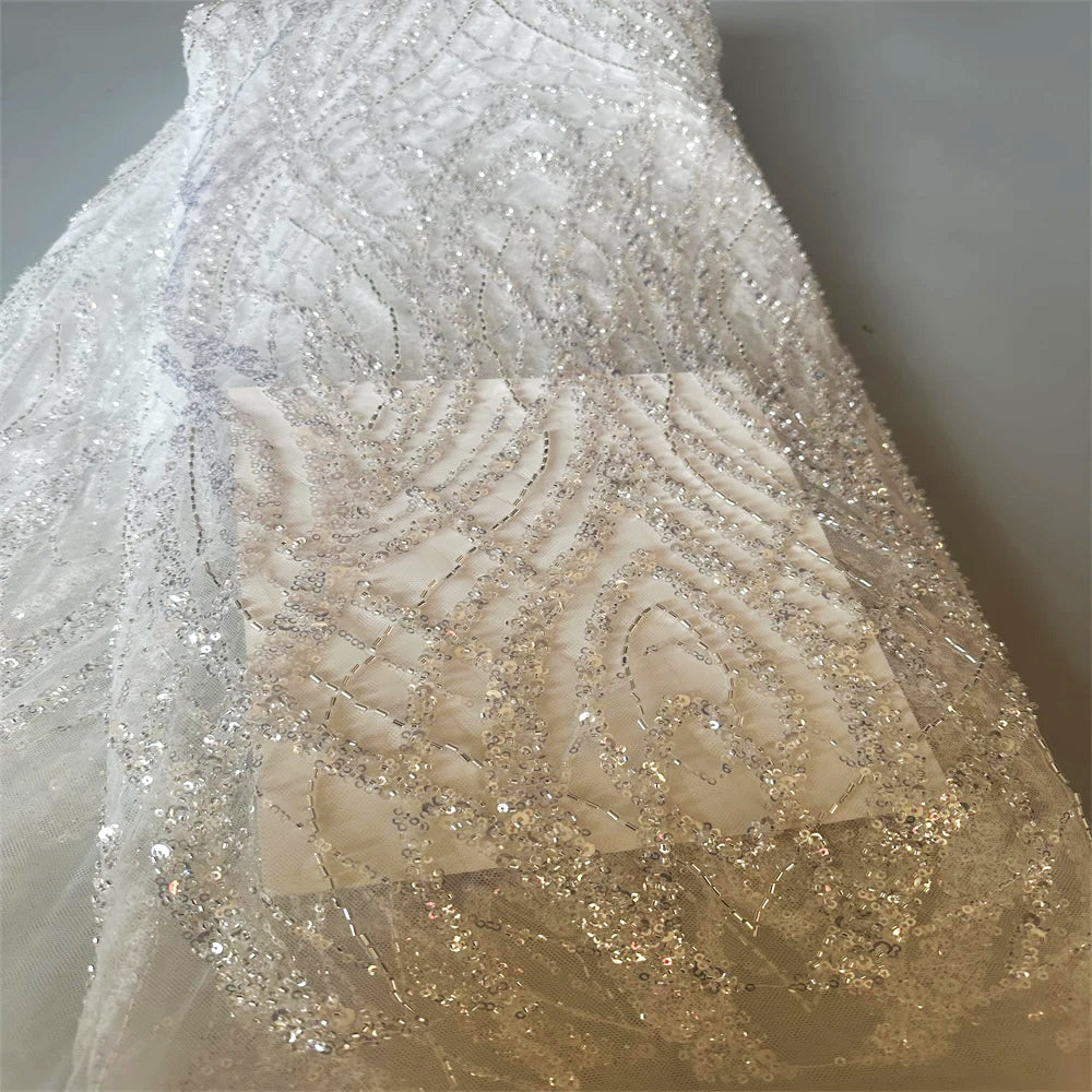 5 YARDS / Fatima Off-White Clear Regal Sequin Beaded Embroidery Tulle Mesh Lace Party Prom Bridal Dress Fabric 5 YARDS / Fatima Off-White Clear Regal Sequin Beaded Embroidery Tulle Mesh Lace Party Prom Bridal Dress Fabric